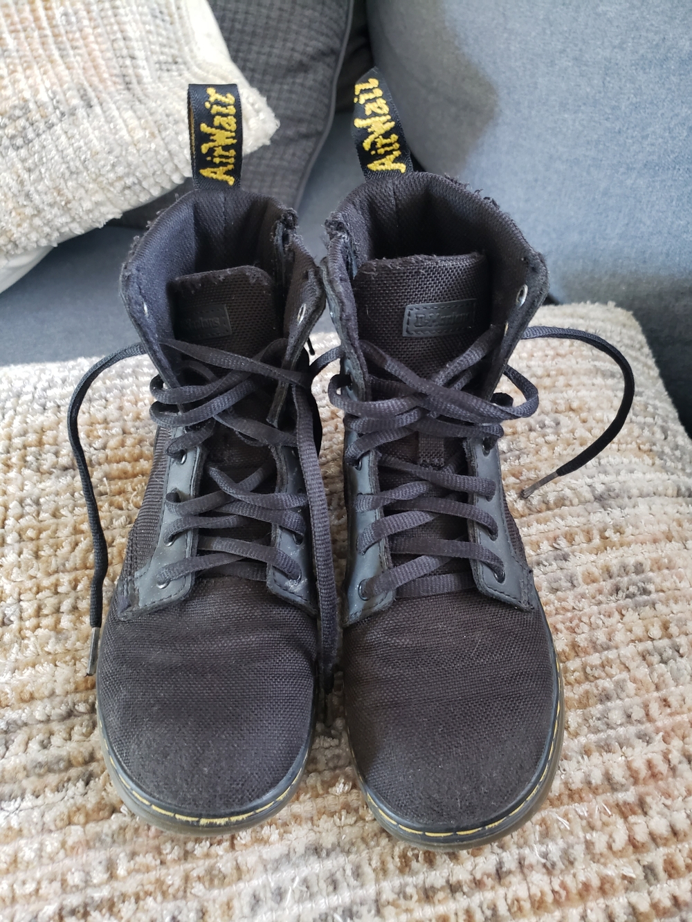 Dr. Martens Black Canvas Kids Lace-Up Boots with Yellow Heel Loop